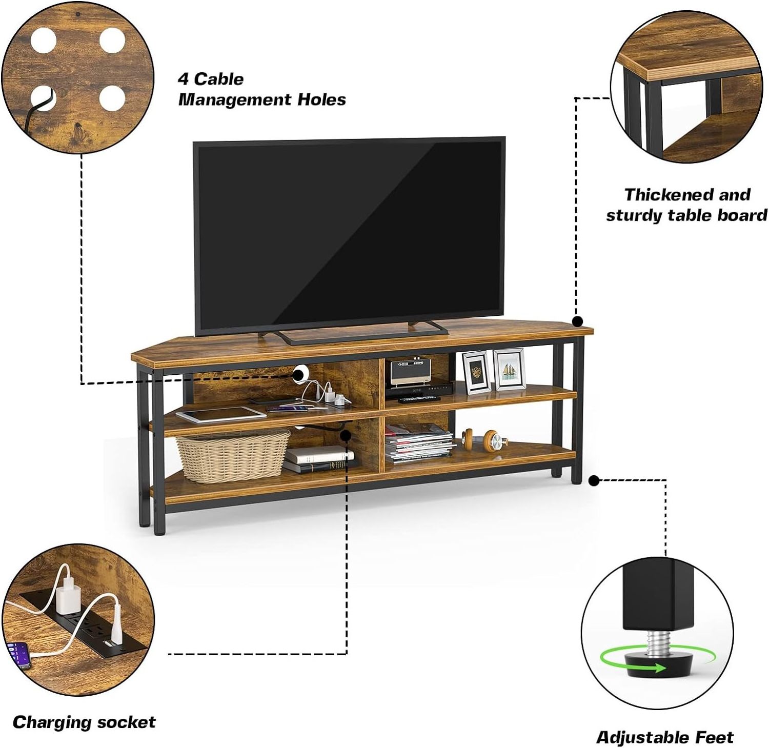 55'' Corner TV Stand With Power Outlet Corner Entertainment Center TV Console Table With 4 Open Storage Shelves Metal Frame