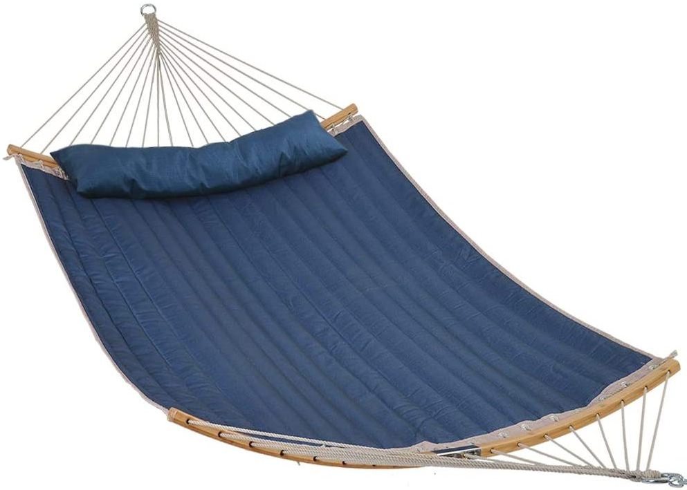 Quilted Fabric Hammocks with Curved Rod Bamboo Detachable Pillows Double Hammock Courtyard Cotton Garden Swing Bed