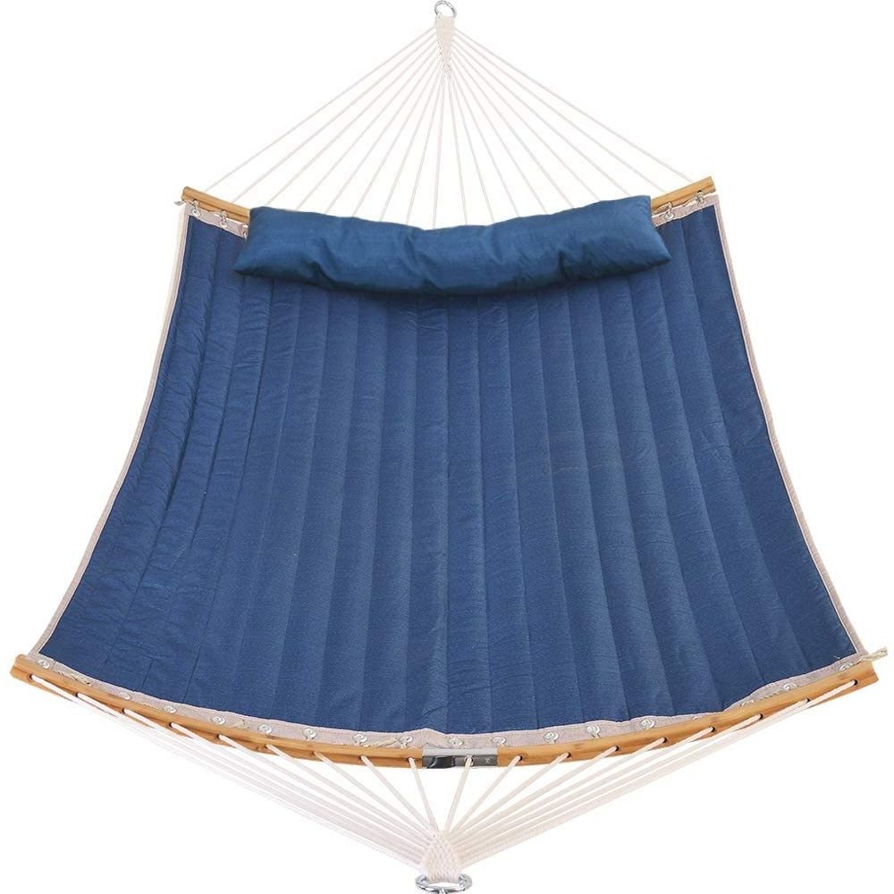 Quilted Fabric Hammocks with Curved Rod Bamboo Detachable Pillows Double Hammock Courtyard Cotton Garden Swing Bed