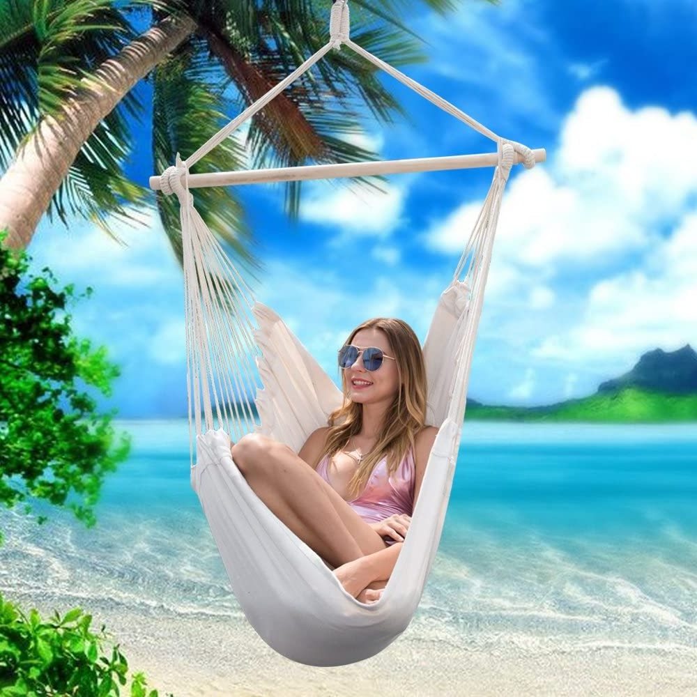 Hot Sell Cotton Hanging Chair with Pocket Wood Bar Large Size For Two People  Garden Swing Chair Hammock Swing