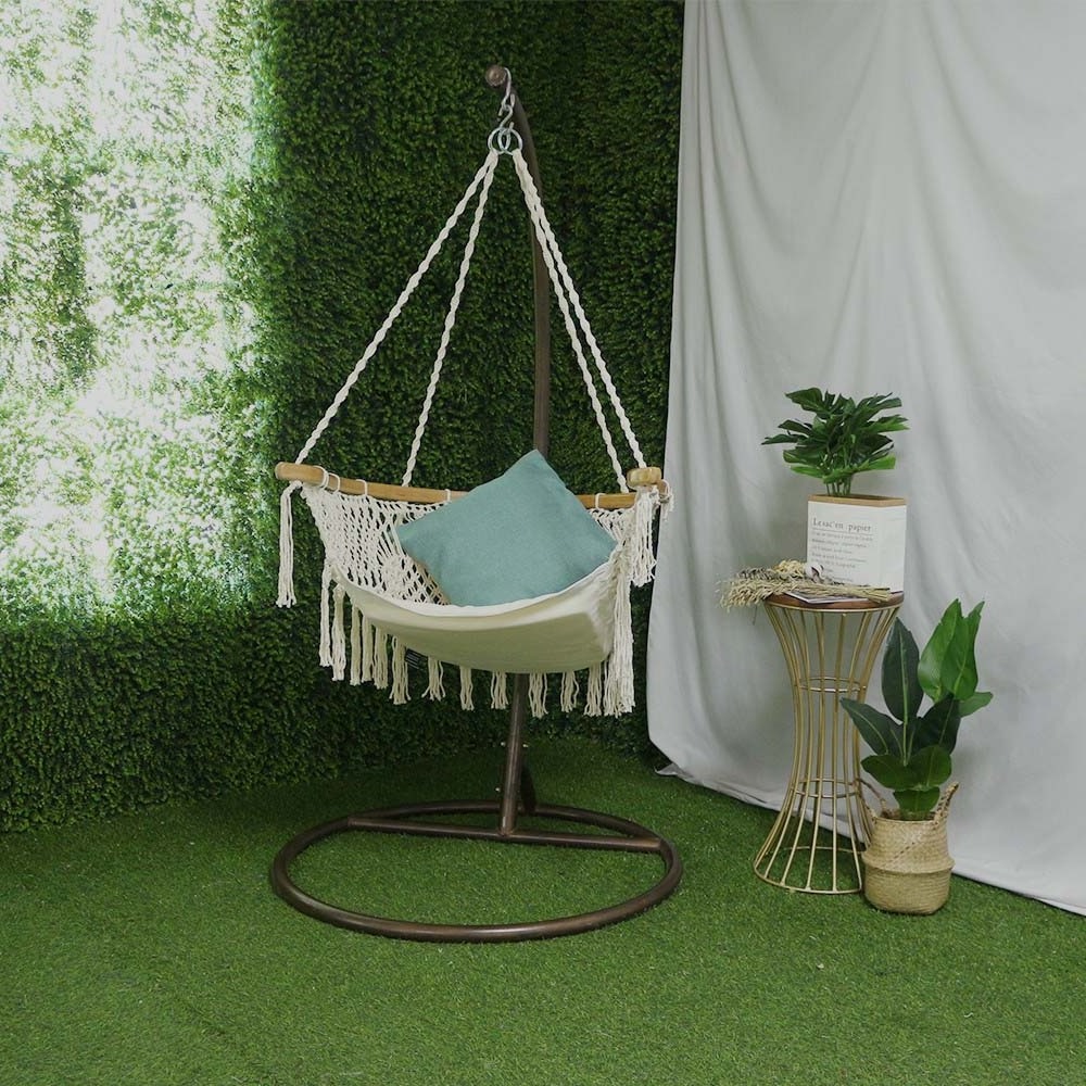 Hammock Chair Macrame Swing Wide Bamboo Back Support Handmade Knitted Hanging Cotton Rope Hammock bamboo chair