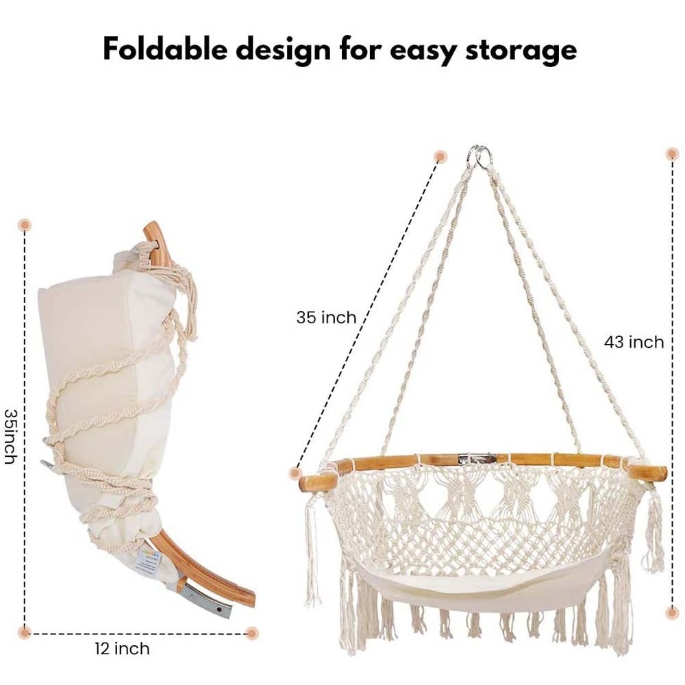 Hammock Chair Macrame Swing Wide Bamboo Back Support Handmade Knitted Hanging Cotton Rope Hammock bamboo chair