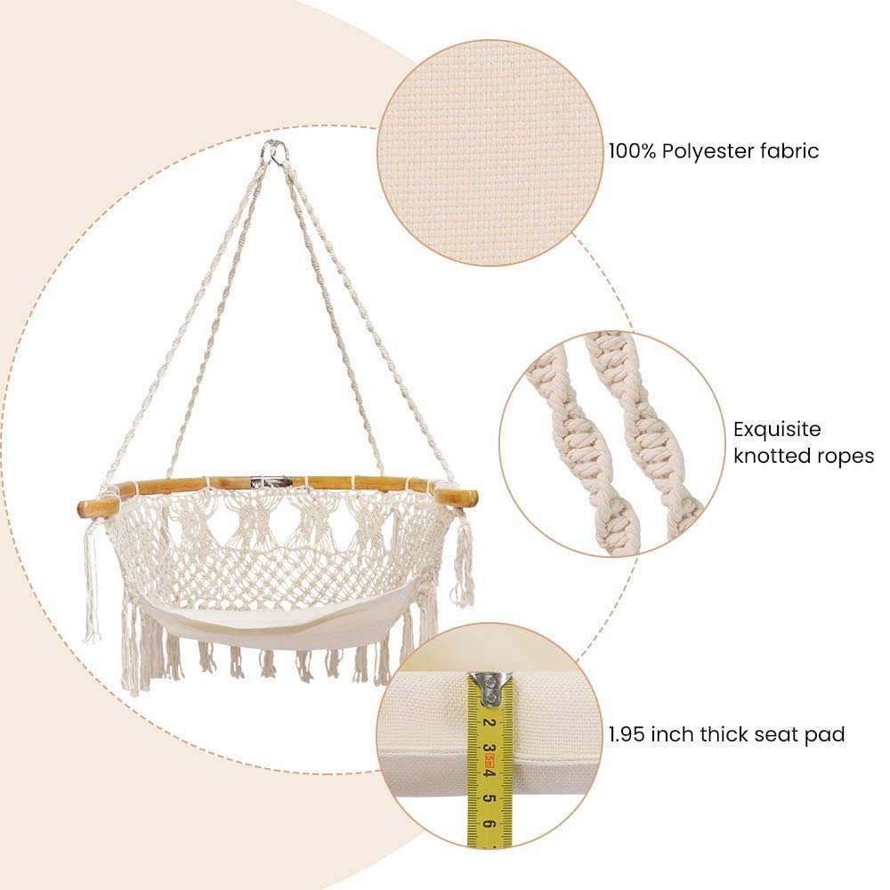 Hammock Chair Macrame Swing Wide Bamboo Back Support Handmade Knitted Hanging Cotton Rope Hammock bamboo chair