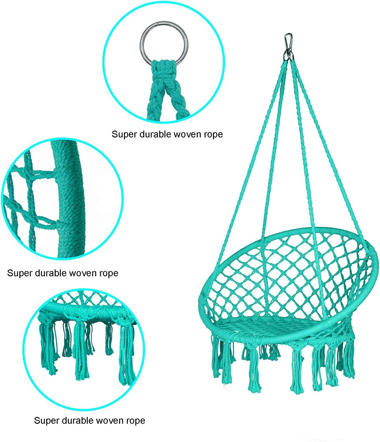 Hammock Chair Hanging Rope Swing 2 Seat Cushions Included Hanging Chair Furniture White and Green Outdoor Chair