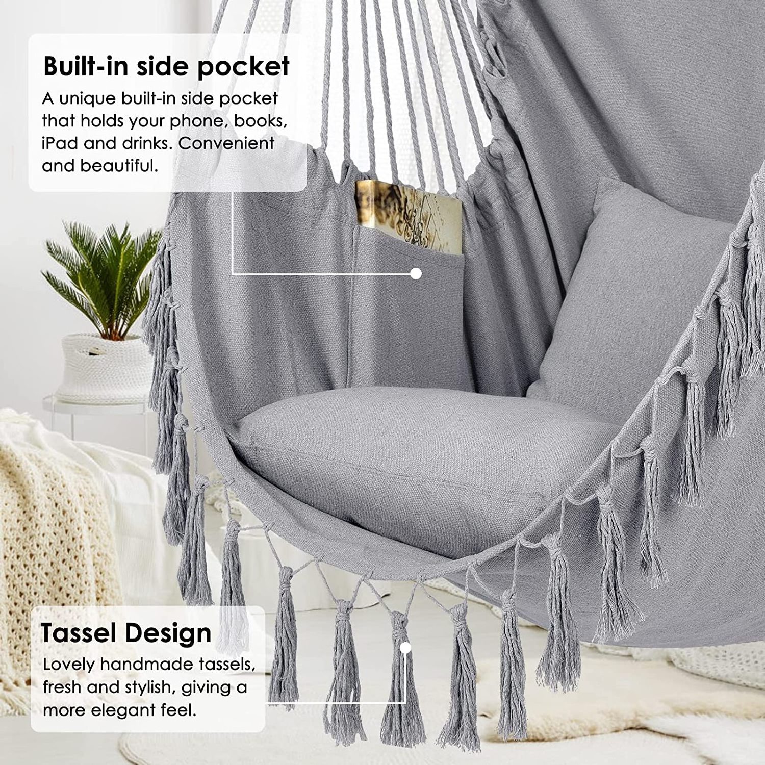 Hammock Chair Hanging Rope Swing,  2 Cushions Included-Large Macrame Hanging Chair with Pocket ,with Hardware Kit