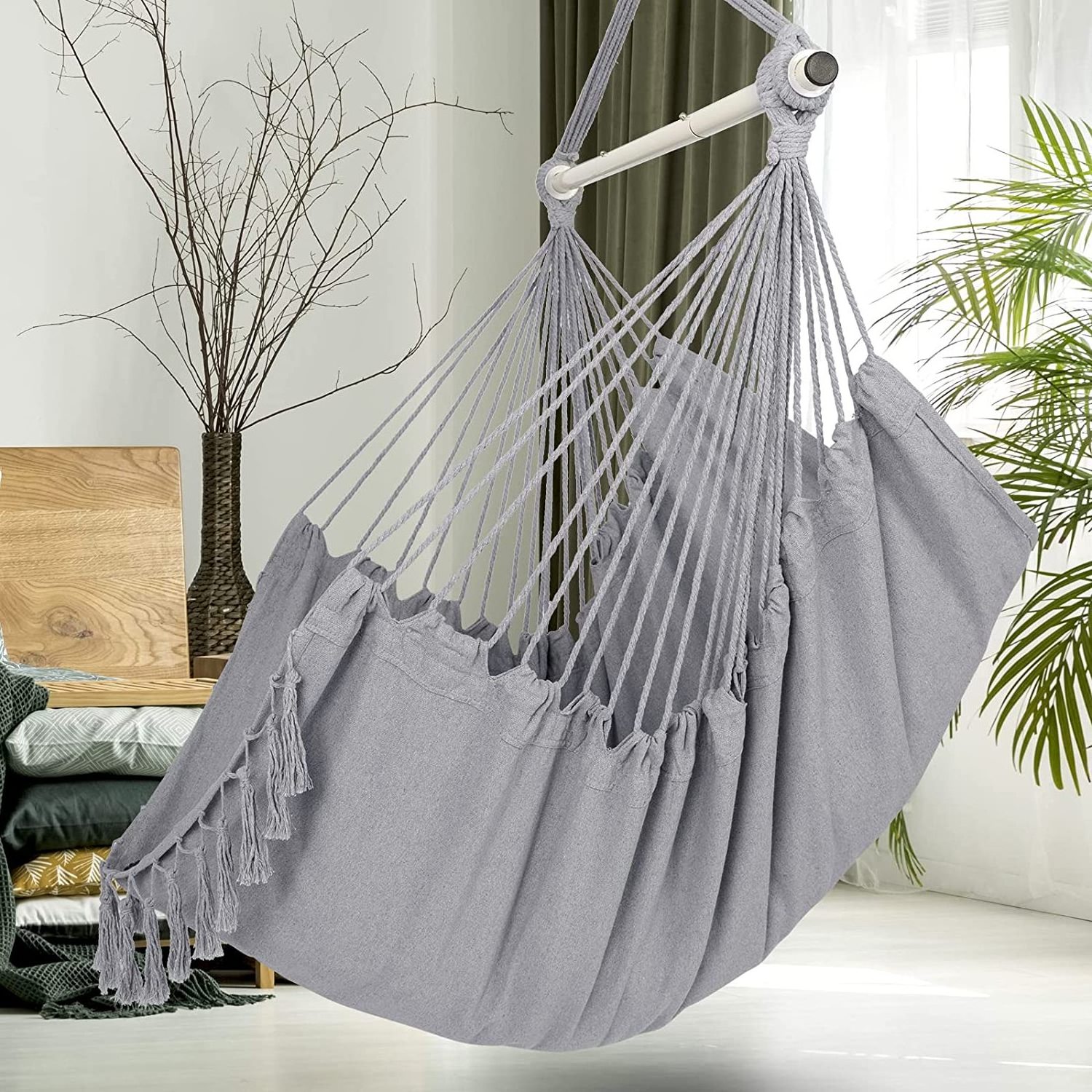 Hammock Chair Hanging Rope Swing,  2 Cushions Included-Large Macrame Hanging Chair with Pocket ,with Hardware Kit