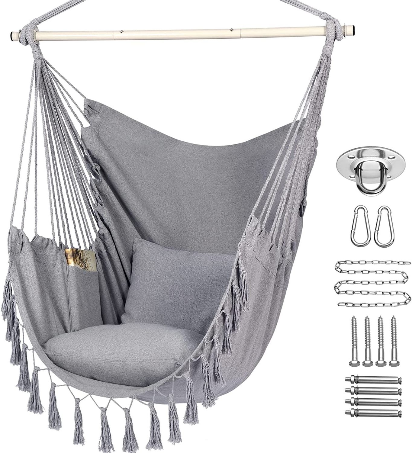 Hammock Chair Hanging Rope Swing,  2 Cushions Included-Large Macrame Hanging Chair with Pocket ,with Hardware Kit