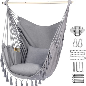 Hammock Chair Hanging Rope Swing,  2 Cushions Included-Large Macrame Hanging Chair with Pocket ,with Hardware Kit