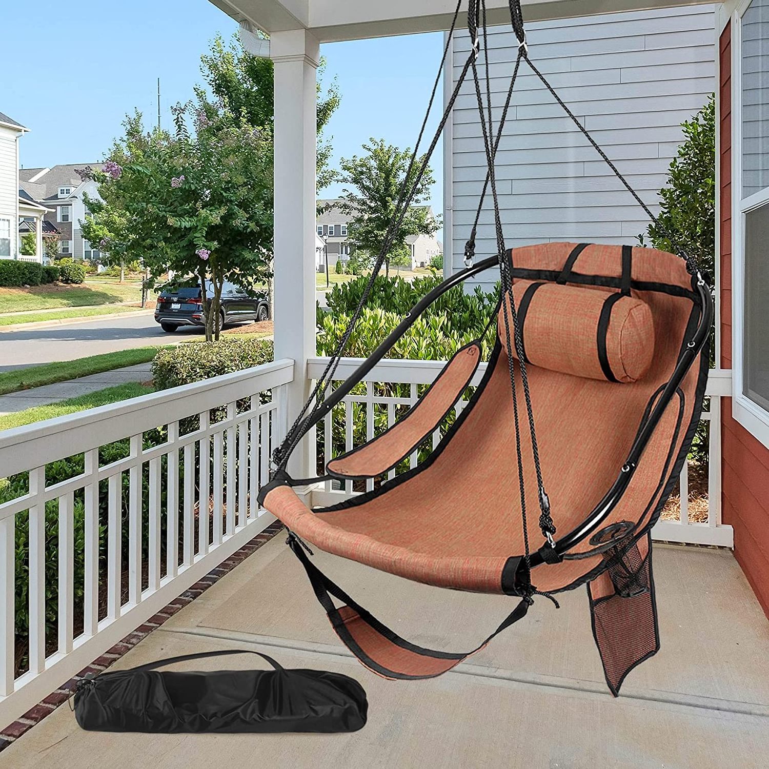 HUARUN Hammock Chair with Foot Rest, Sky Chair with Metal Bar Frame, Hanging Chair Outdoor / Indoor with Side Pouch