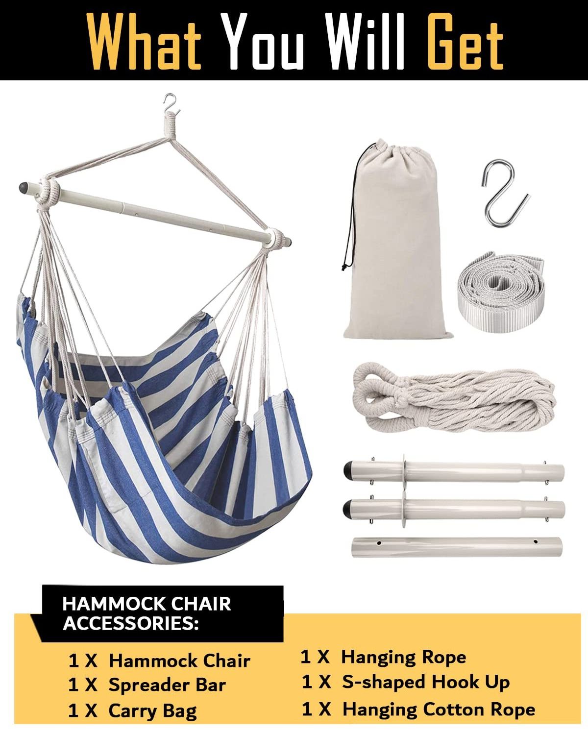 Durable Metal Rod Up to 440 lbs Bedroom Indoor  Outdoor Patio Porch or Tree Swing Chair Striped Hammock Chair with Two Cushion