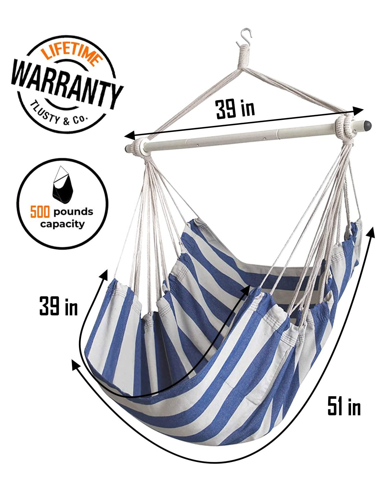 Durable Metal Rod Up to 440 lbs Bedroom Indoor  Outdoor Patio Porch or Tree Swing Chair Striped Hammock Chair with Two Cushion