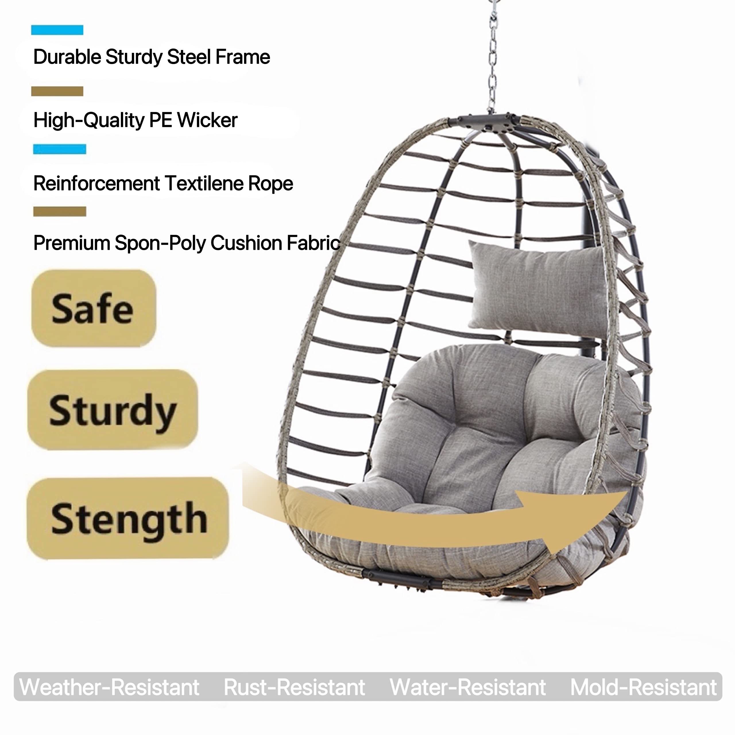 Foldable Wicker Rattan Hanging Egg Chair Without Stand Swing Chair with Cushion and Pillow Lounging Chair  for Indoor Outdoor