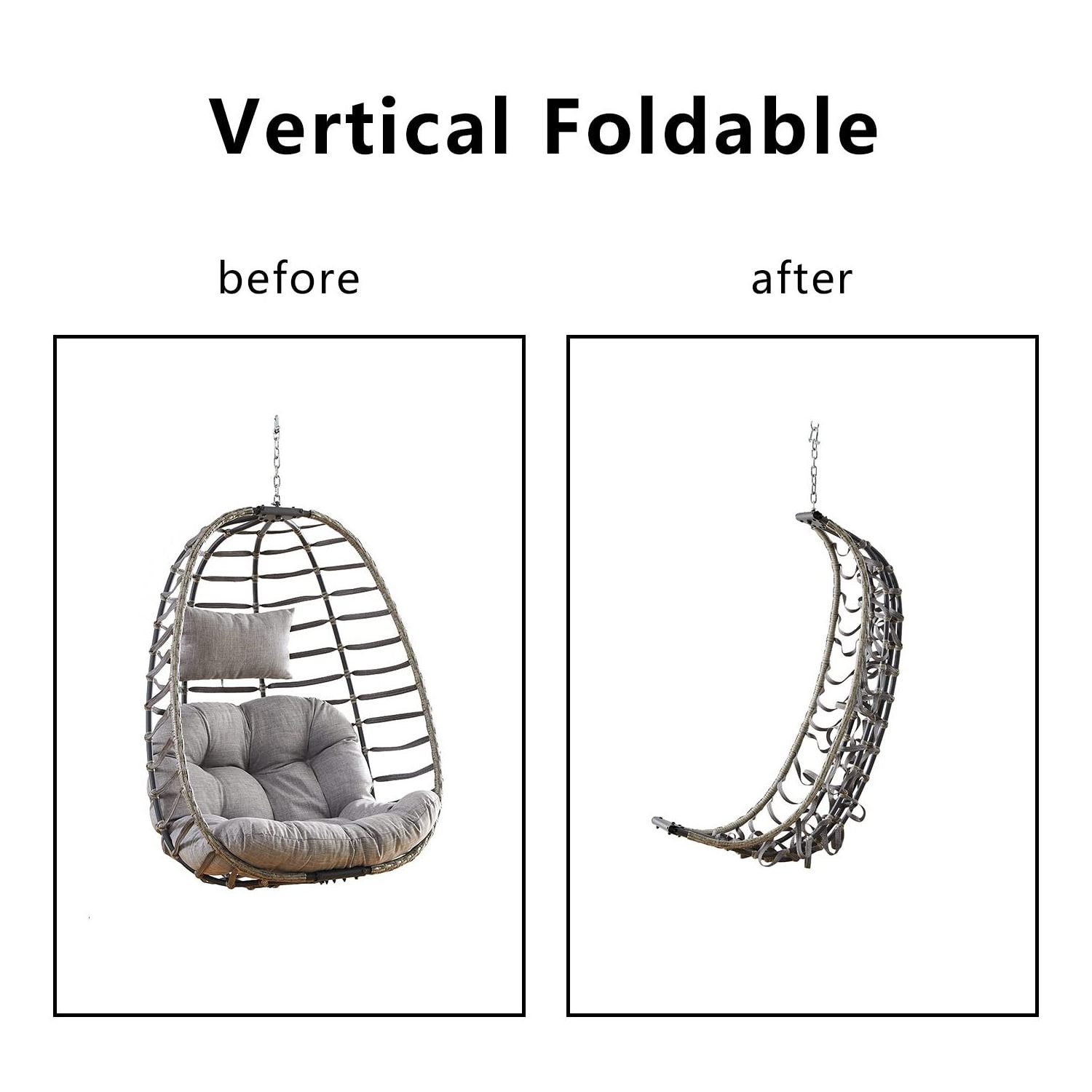 Foldable Wicker Rattan Hanging Egg Chair Without Stand Swing Chair with Cushion and Pillow Lounging Chair  for Indoor Outdoor