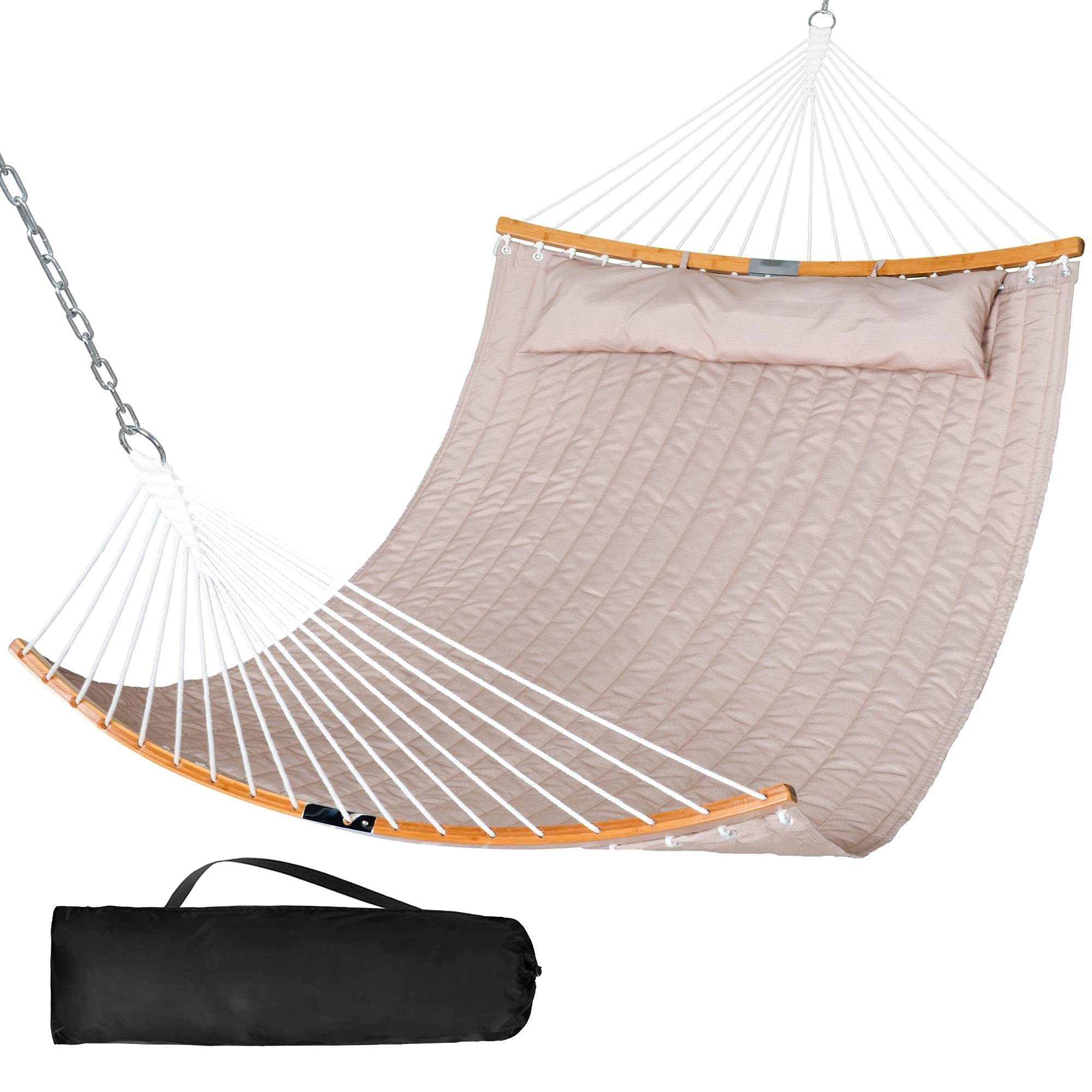 Hammocks Quilted Fabric Double Hammock with Detachable Curved Bamboo Spreader Bar and Soft Pillow, Max 450 lbs Capacity