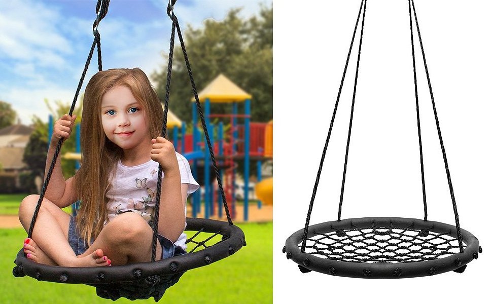 Kids Indoor/Outdoor Round Web Patio Swing Great for Tree, Swing Set, Backyard, Playground, Playroom Accessories Included