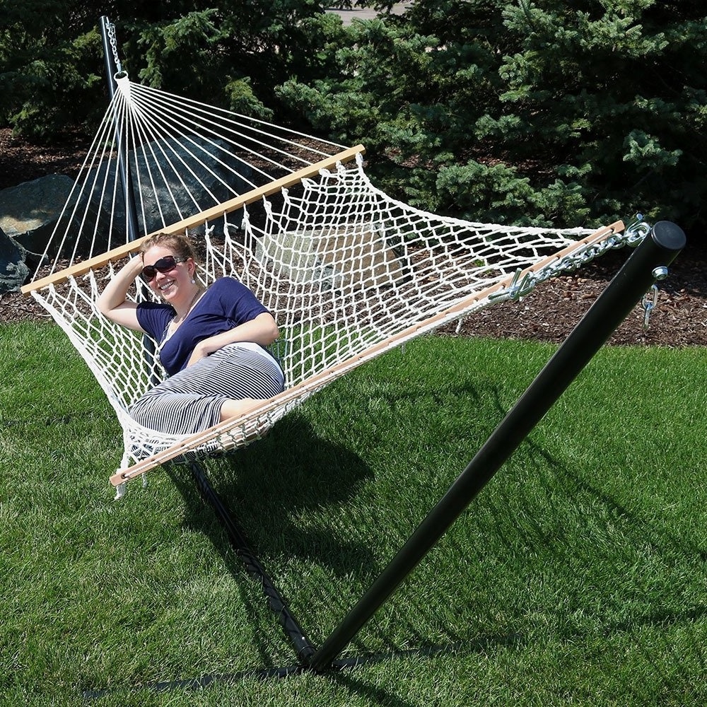 Polyester Rope Hammock With Stand Frame Combe Double Wide Two Person Hammock for Outdoor Patio Yard and Porch