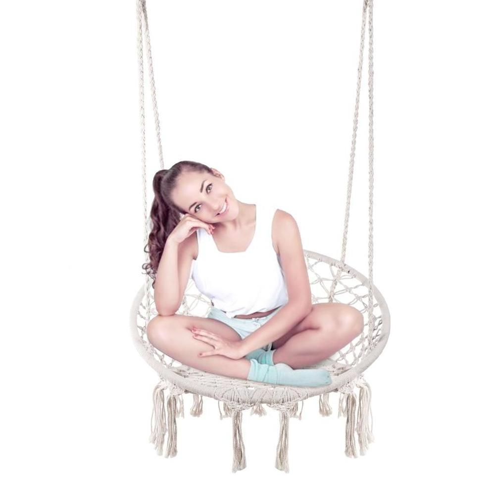 HR Hammock Chair Macrame Swing, Hanging Cotton Rope Macrame Hammock Swing Chair for Indoor