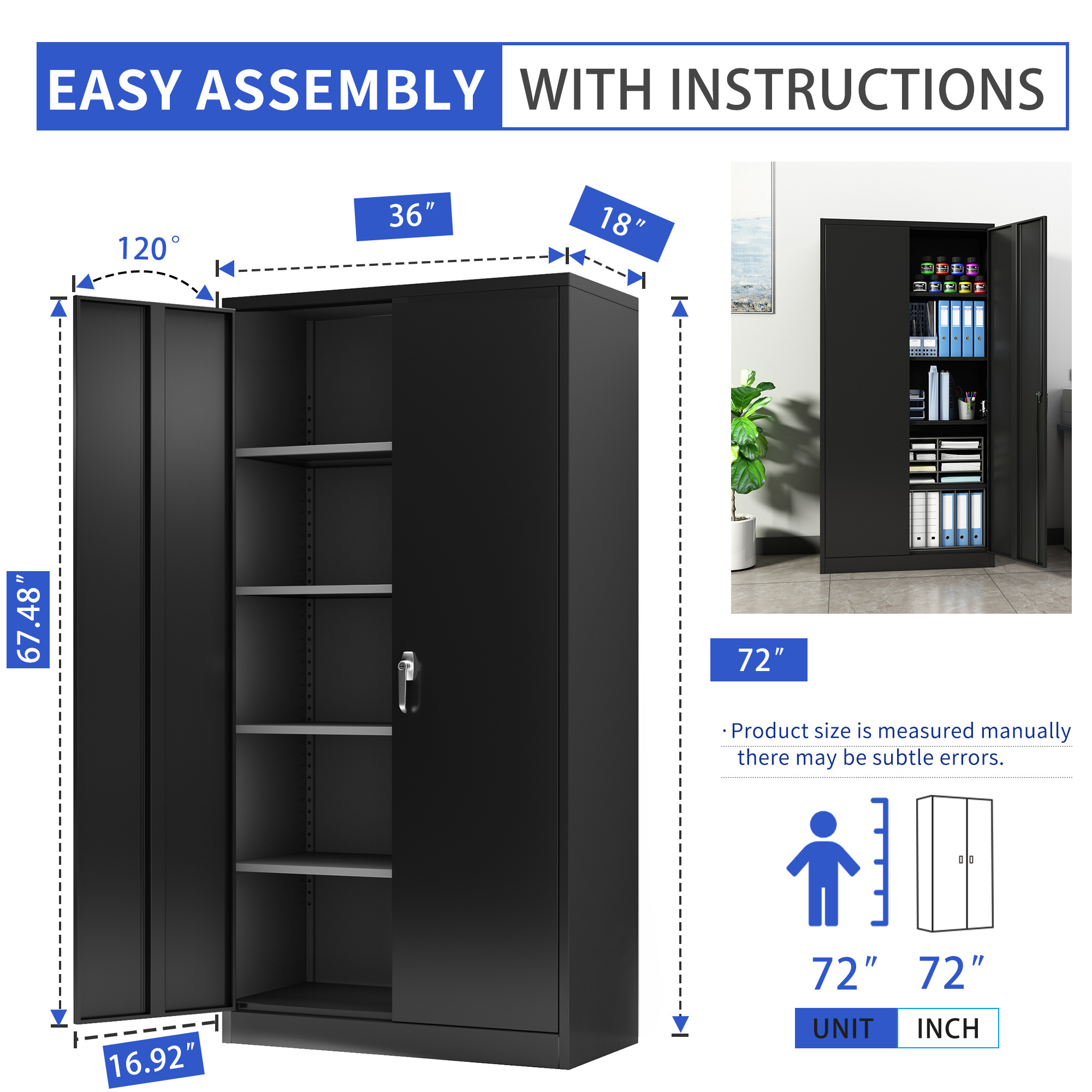 Garage Metal Tall Adjustable Shelves Storage Cabinet Locking 2 Doors Steel Cupboard