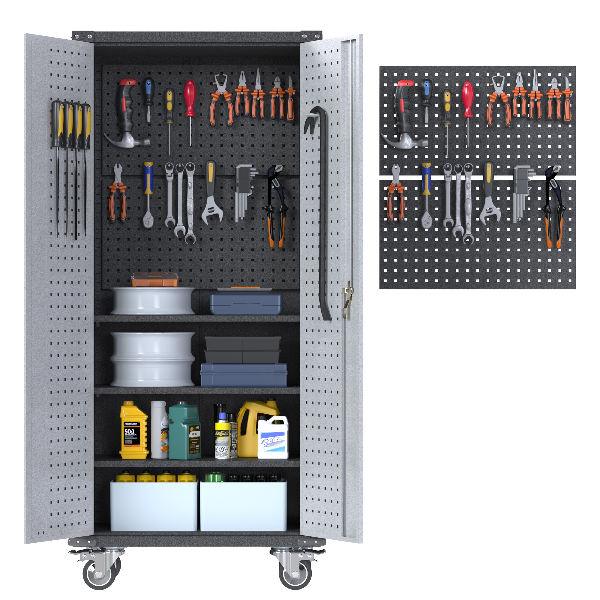 Multifunction Workshop Garage Two Door Steel Storage Cupboard Heavy Duty Workbench Peg Board Tool Cabinet