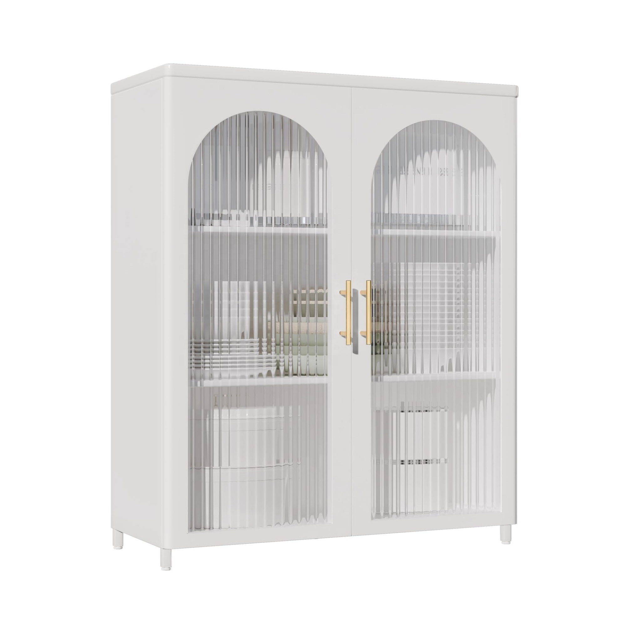 White Buffet Sideboard Cabinet Metal Storage Cabinet with Mesh Glass Doors Liquor Cabinet for Kitchen, Dining Room, Living Room