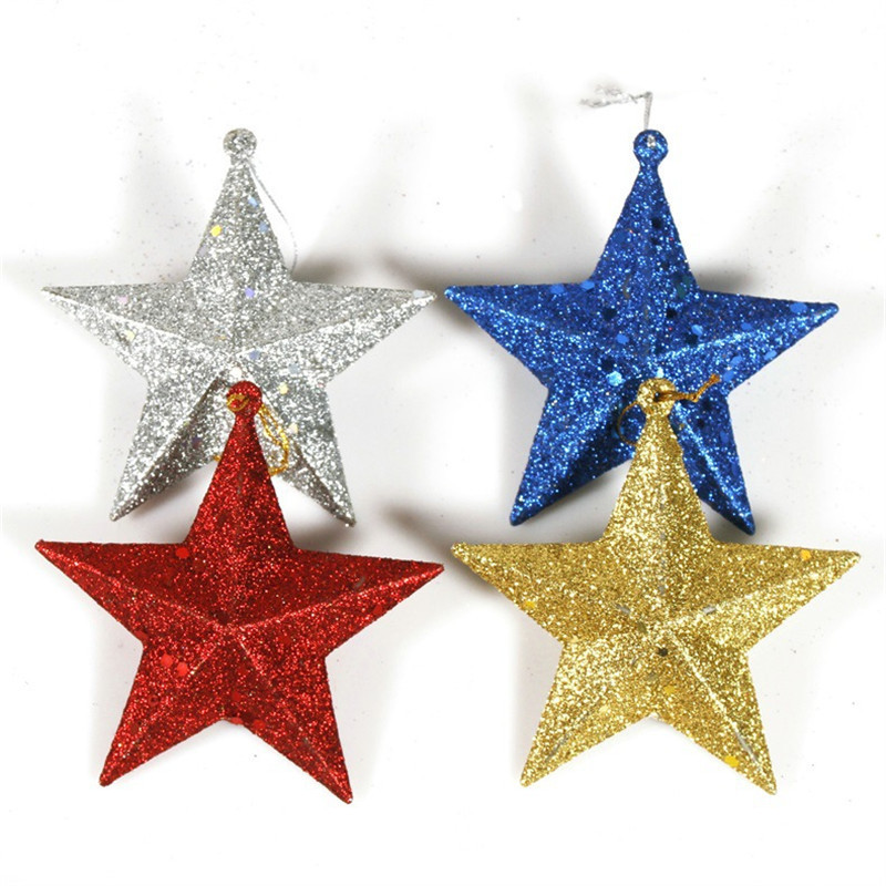 Wholesale 6pcs/pack Christmas Plastic Glitter Powder Five-Pointed Star Christmas Tree Pendant