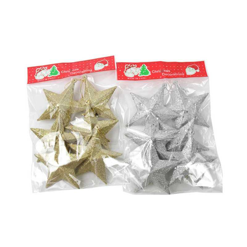 Wholesale 6pcs/pack Christmas Plastic Glitter Powder Five-Pointed Star Christmas Tree Pendant