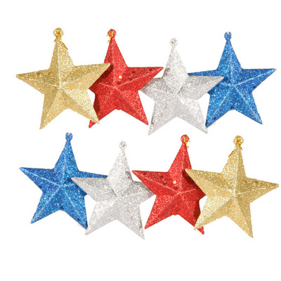 Wholesale 6pcs/pack Christmas Plastic Glitter Powder Five-Pointed Star Christmas Tree Pendant