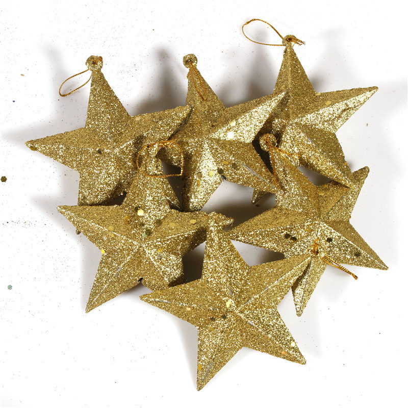 Wholesale 6pcs/pack Christmas Plastic Glitter Powder Five-Pointed Star Christmas Tree Pendant