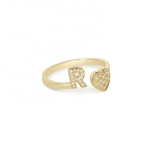 Custom adjustable alphabet 26 initial letter ring 925 sterling silver gold plated diamond open initial heart ring