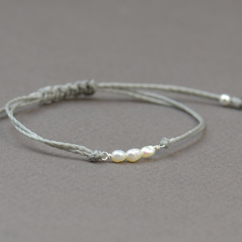 Handmade braided cord bracelet friendship kids grey wax rope natural pearl bracelet