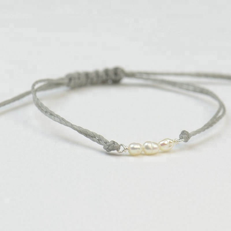 Handmade braided cord bracelet friendship kids grey wax rope natural pearl bracelet