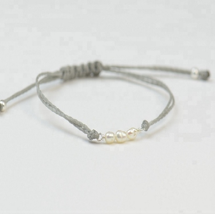 Handmade braided cord bracelet friendship kids grey wax rope natural pearl bracelet