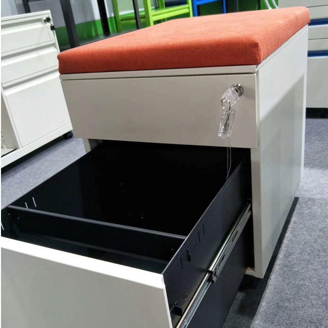 Heavy Duty Steel Construction Metal Drawer Storage Mobile Pedestal Cabinet With Seat Cushion