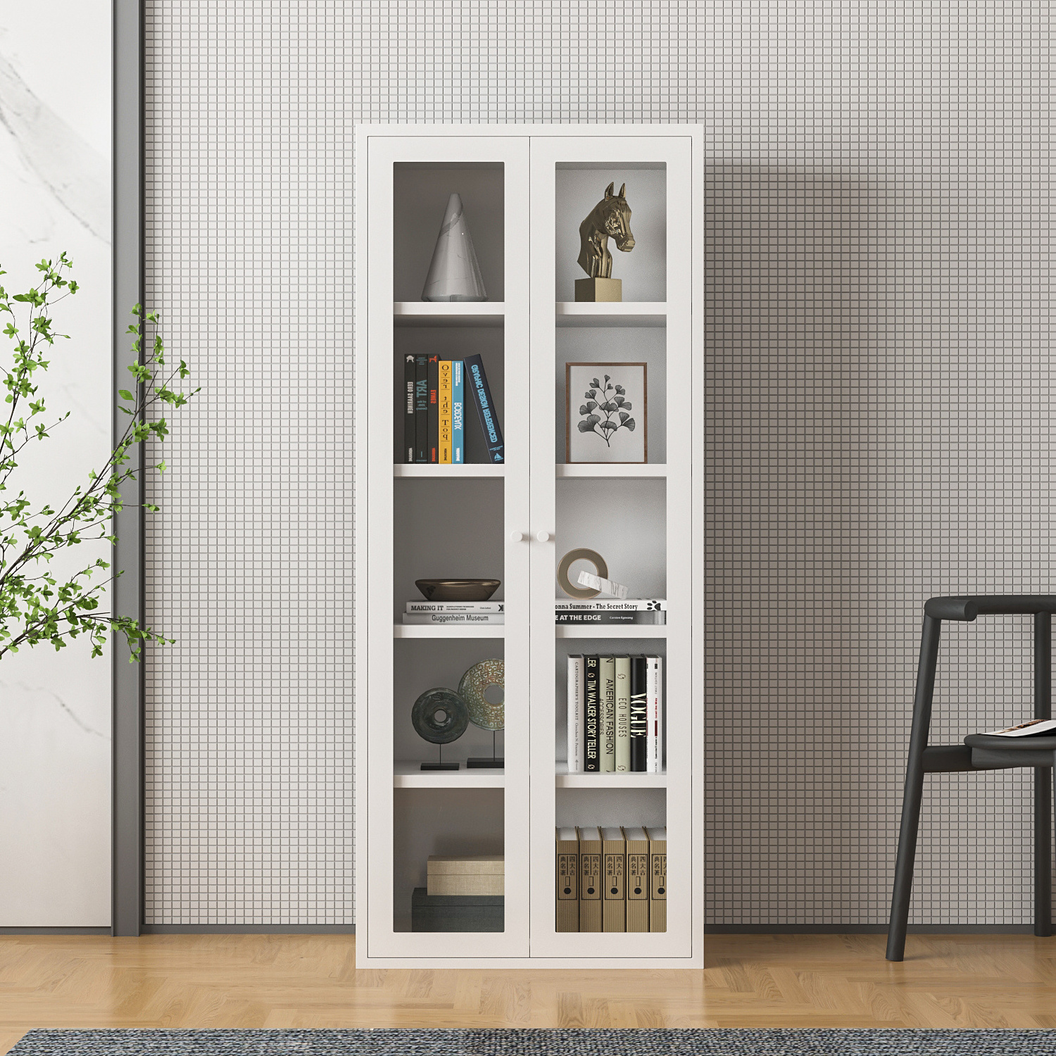 2 Swing Door Steel Storage Cabinet with Glass Door Corner Steel Modern Floor Standing Bookcase Office Furniture