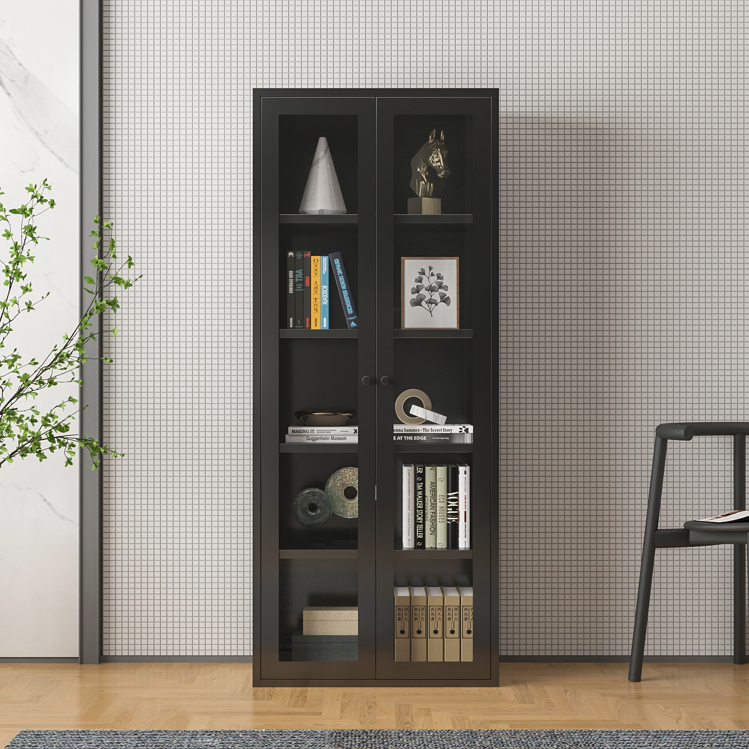 2 Swing Door Steel Storage Cabinet with Glass Door Corner Steel Modern Floor Standing Bookcase Office Furniture