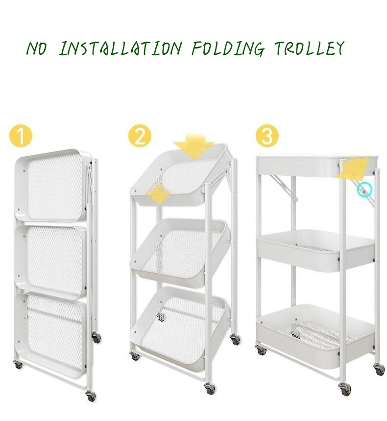 3 tier metal trolley Utility Rolling folding carts for bathroom kitchen push square foldable fruit storage baskets with 4wheel