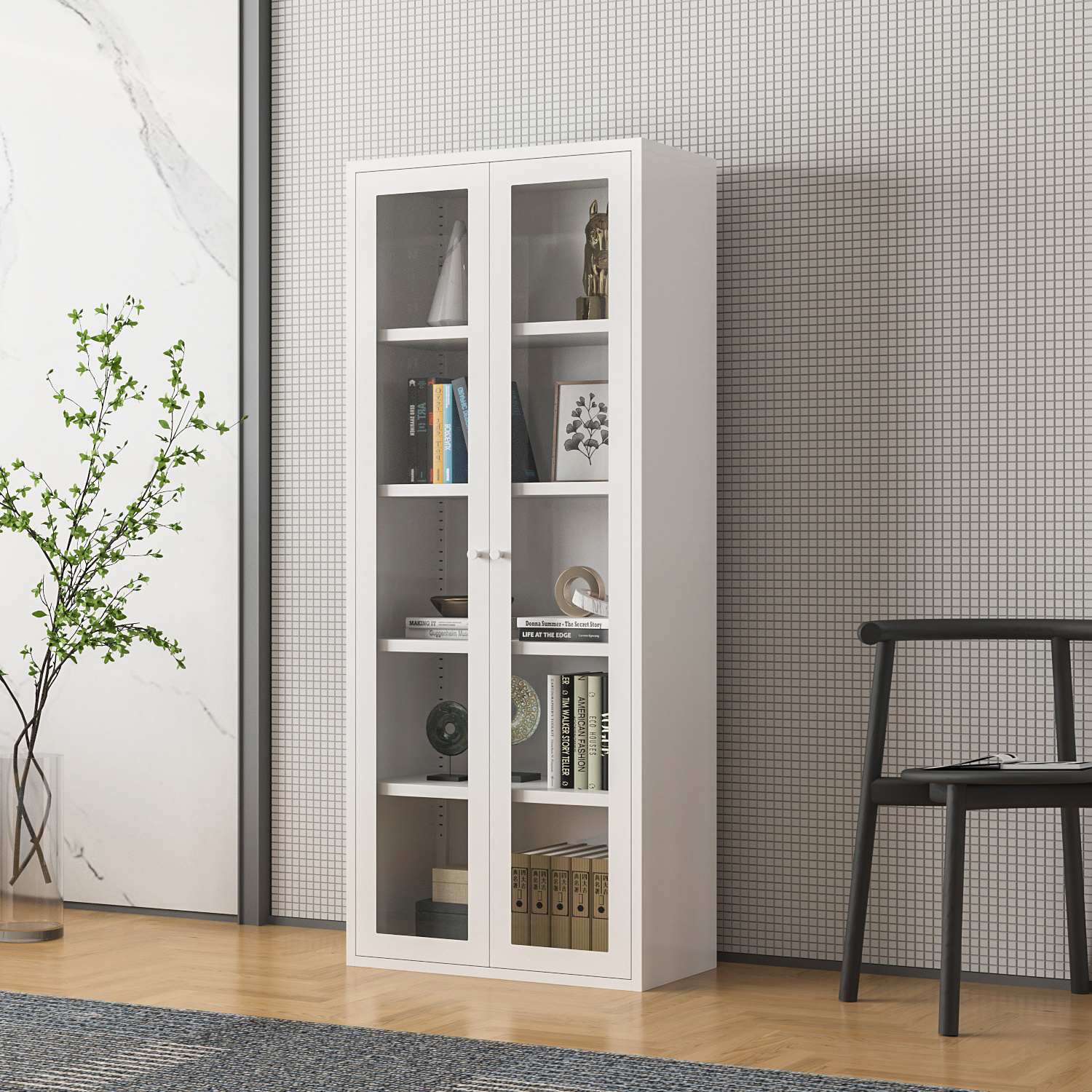 2 Swing Door Steel Storage Cabinet with Glass Door Corner Steel Modern Floor Standing Bookcase Office Furniture