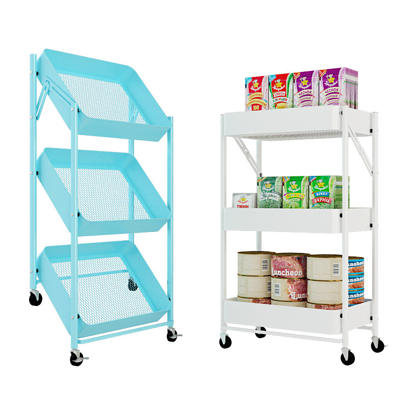 3 tier metal trolley Utility Rolling folding carts for bathroom kitchen push square foldable fruit storage baskets with 4wheel