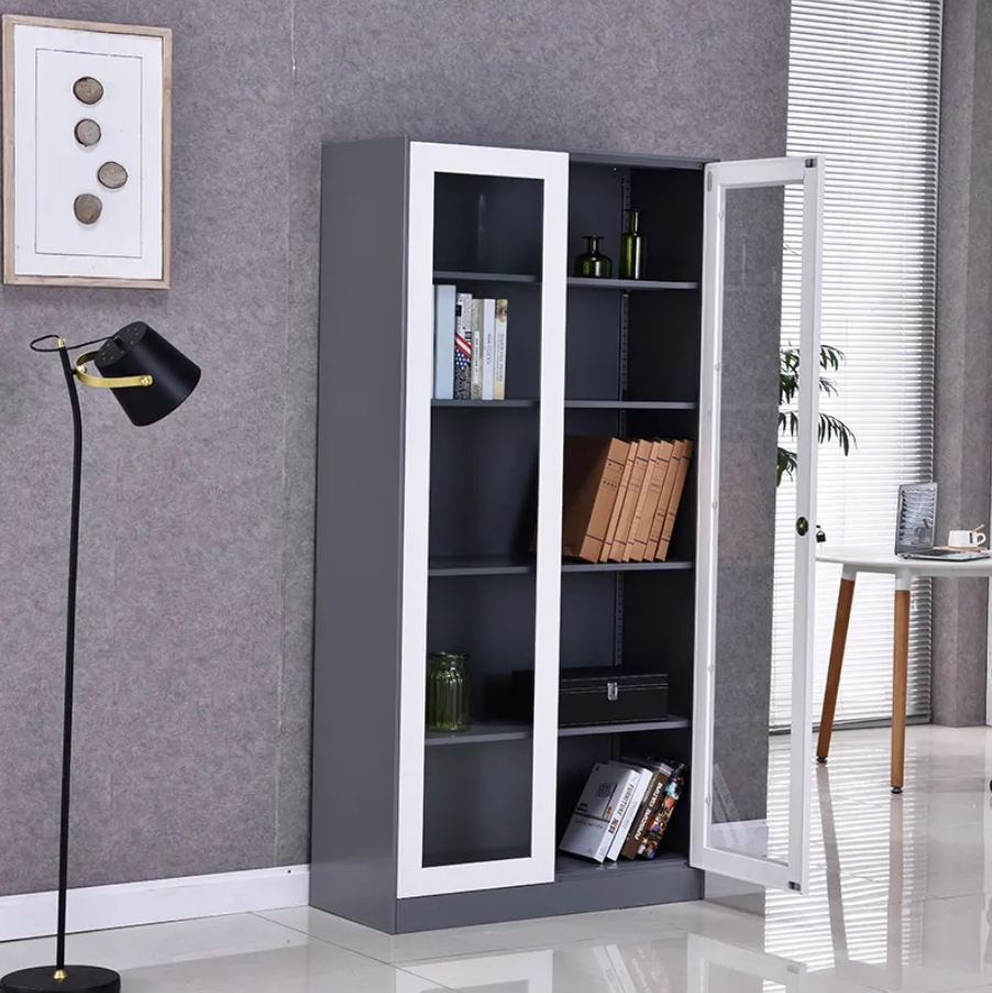 Modern 2 glass door steel book cupboard designs