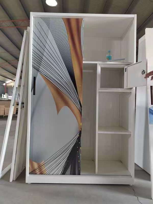 Bedroom Closet Wardrobe Steel Almirah Wardrobe 2 Sliding Doors Printing Pattern Metal Wardrobe with Safe Box