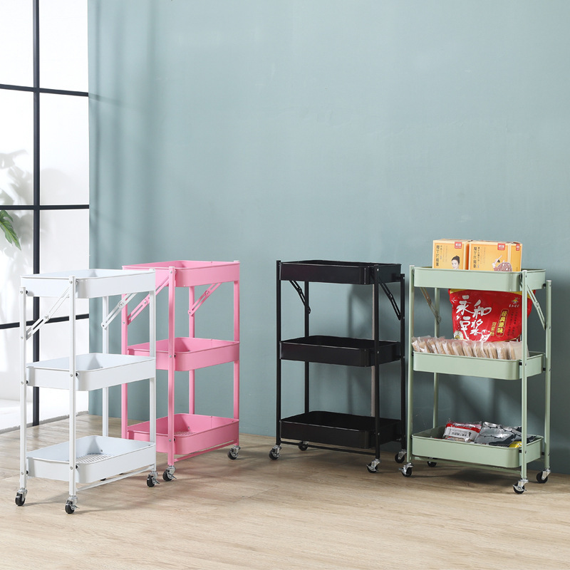 3 tier metal trolley Utility Rolling folding carts for bathroom kitchen push square foldable fruit storage baskets with 4wheel