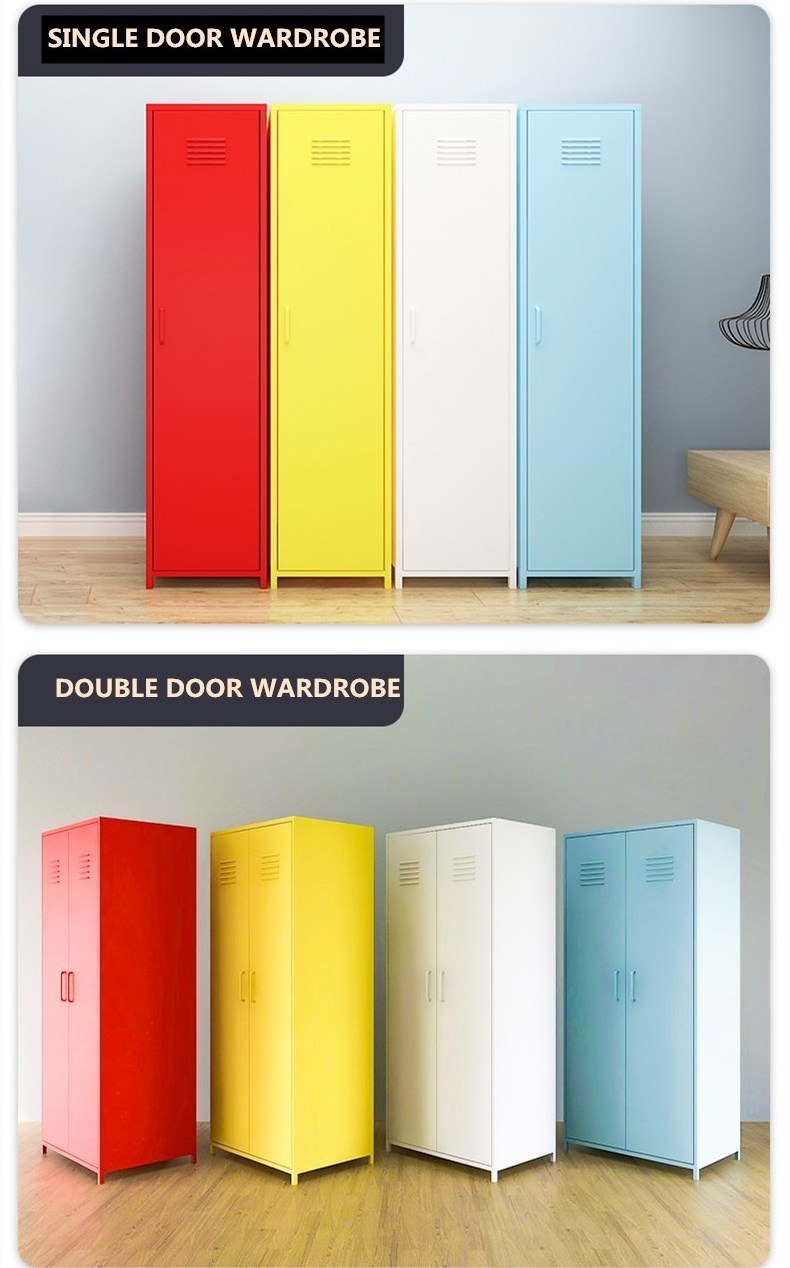 Modern bedroom metal storage colorful living room wardrobe cupboard steel closet with mirror