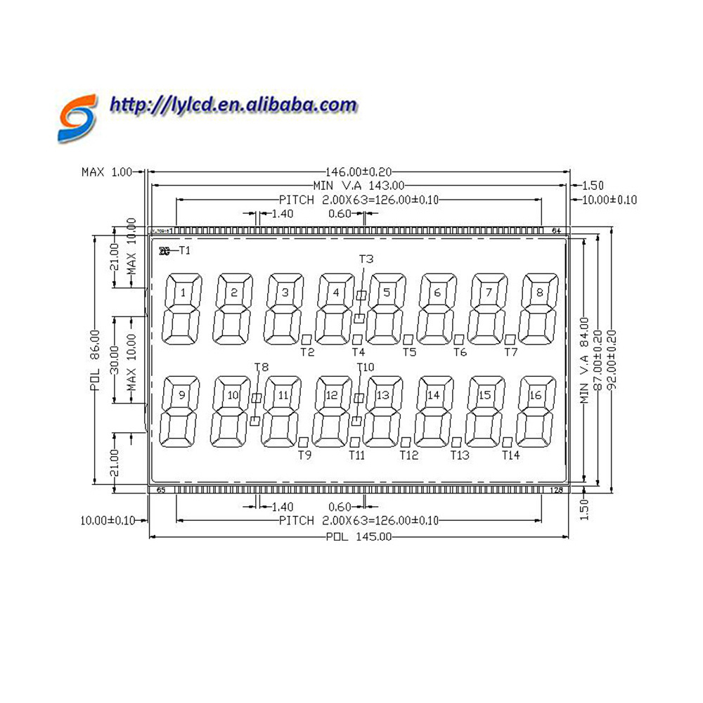 Customized 128 pin 2lines 8 digits 7 segment HTN LCD display for petrol pump/fuel gispenser/gas station