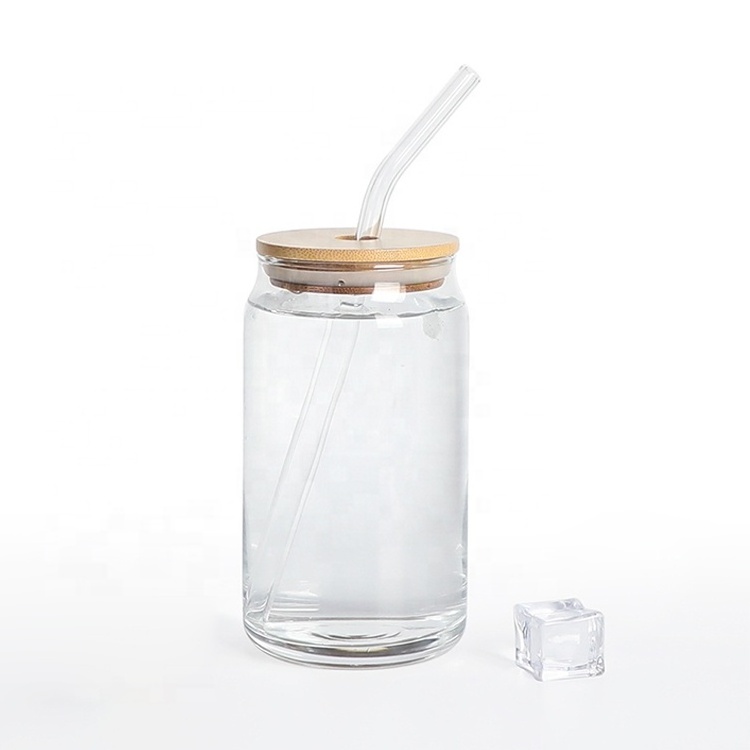 Custom High Borosilicate Clear Water Coffee Mug Cola Juice Soda Can Glass Cup With Lid Straw