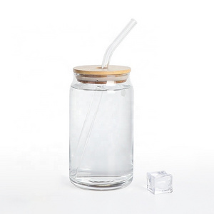 warehouse 12oz 16oz frosted clear Beer can shaped sublimation beer can glass jar with Bamboo Lid and plastic Straws