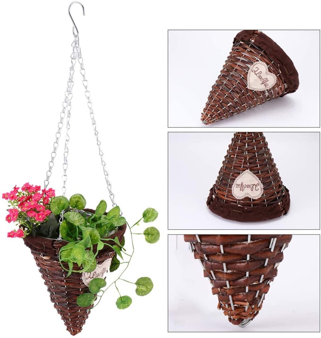 Rurality Wicker Cone Hanging Planter Garden Flowers Plant Pots Basket Cone Hanging Basket