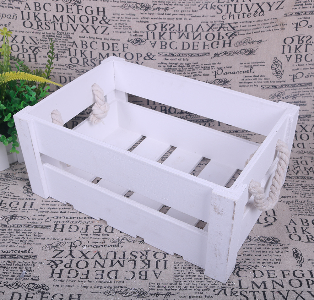 White rectangle simple home decorative packing box wooden crate box without lid wooden storage basket with handles