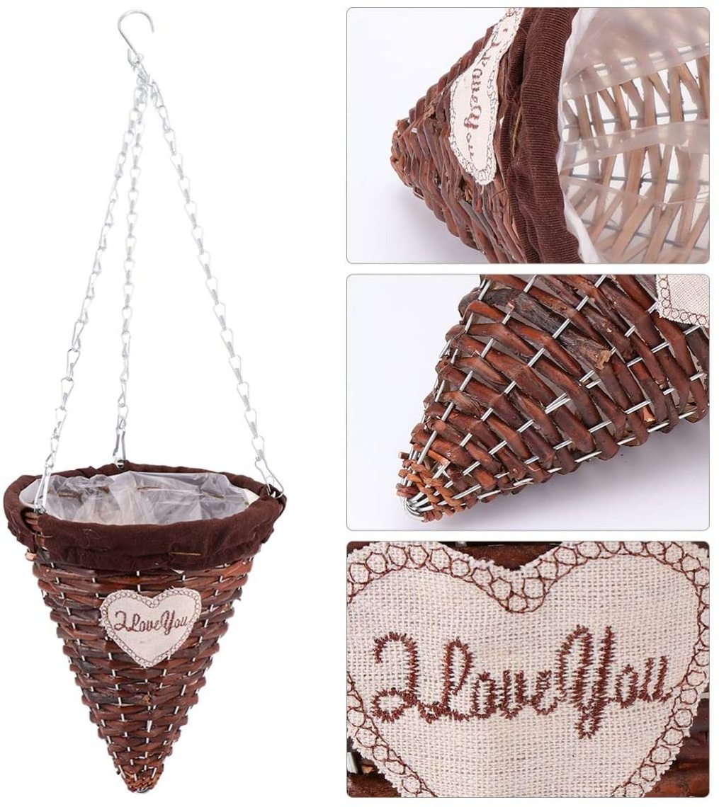 Rurality Wicker Cone Hanging Planter Garden Flowers Plant Pots Basket Cone Hanging Basket