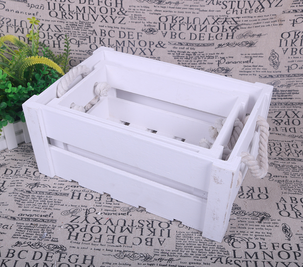 White rectangle simple home decorative packing box wooden crate box without lid wooden storage basket with handles