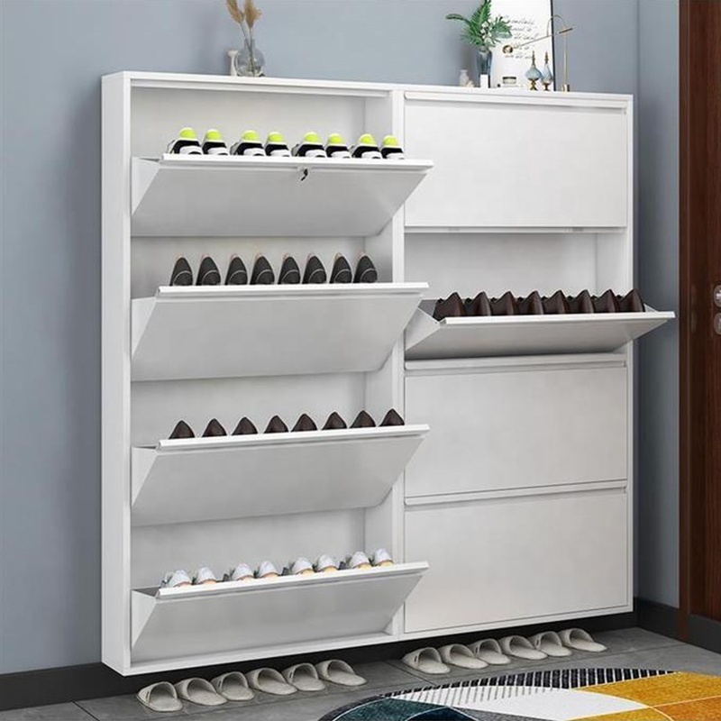 Wholesale freestanding shoe rack narrow 4 flip drawers metal shoe storage cabinet for home hallway entryway